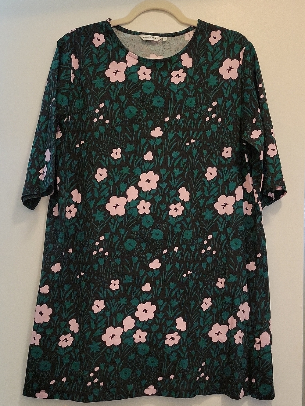 Marimekko Cotton Black Shift Dress with Green and Pink Flowers Women's M